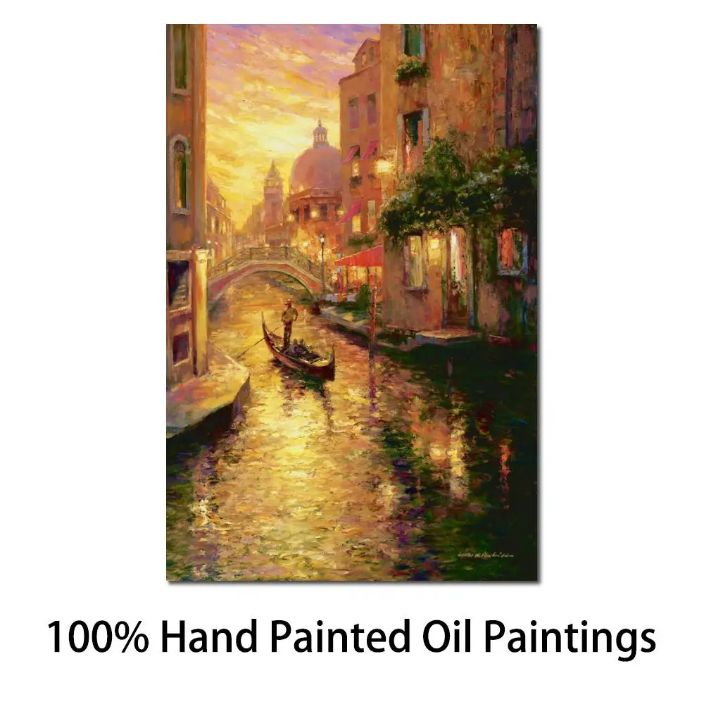 

Modern Canvas Art Venice Landscapes Oil Painting Wall Decor Gondola in Sunset Handmade Textured Artwork Hallway Hotel Decorative