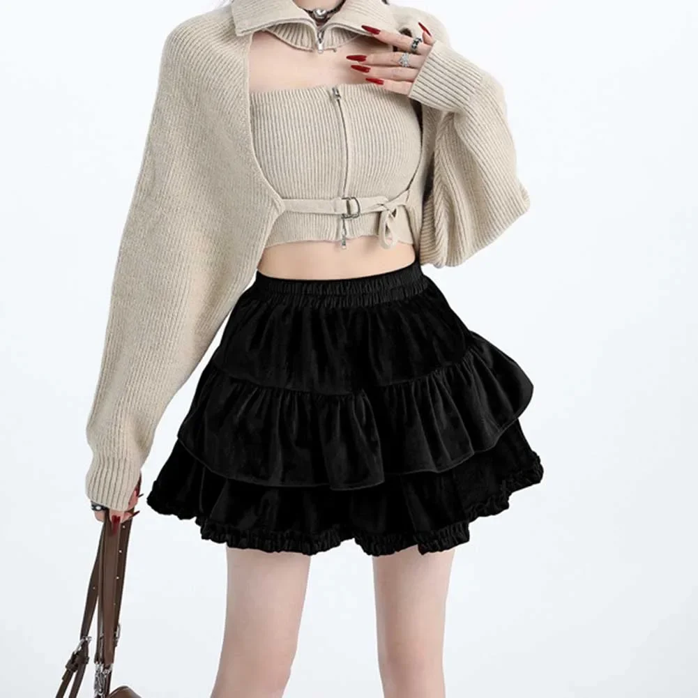 

Casual Outings Ballet Style Skirt Fluffy Cake Skirt Ruffle Apricot Elastic Waistband Polyester Fabric Regular Length