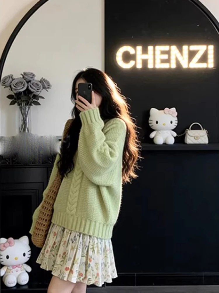 

Loose Green Knitted Sweater Women's Spring New Style Lazy Twist round Neck Top Slimming Versatile Anti-Aging for Young Girls