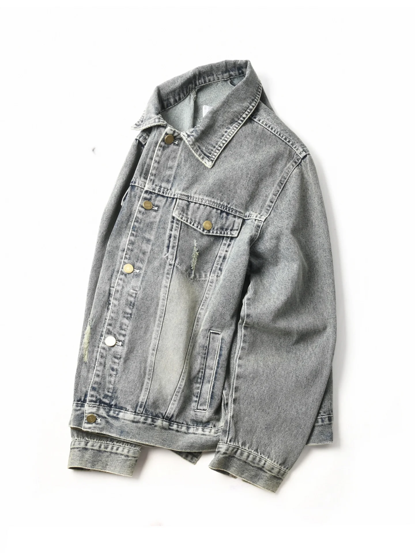 Washed Cotton Denim Jacket American Style Loose Fit Casual Collar Men's Autumn Outerwear Fashion Urban Windproof Long Sleeve