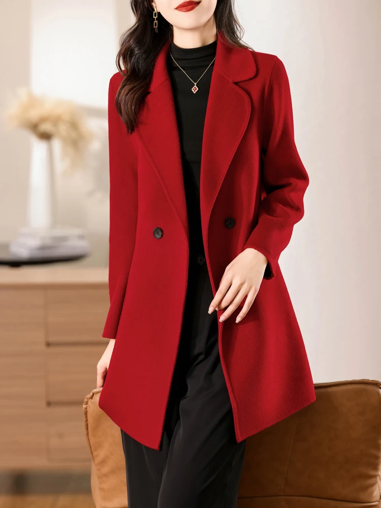 

Autumn and winter new 100% pure wool medium long double-sided woolen jacket with simple, fashionable, and high-end feel