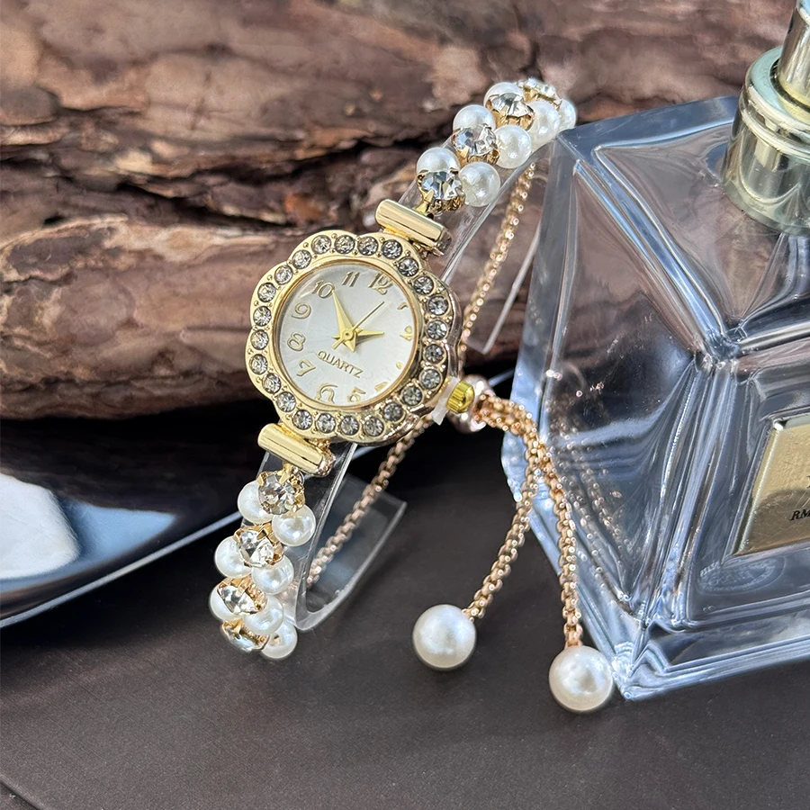 Double-Row Pearl Pull-Open Bracelet Diamond-Encrusted Case Arabic Numeral Scale Ladies Quartz Watch