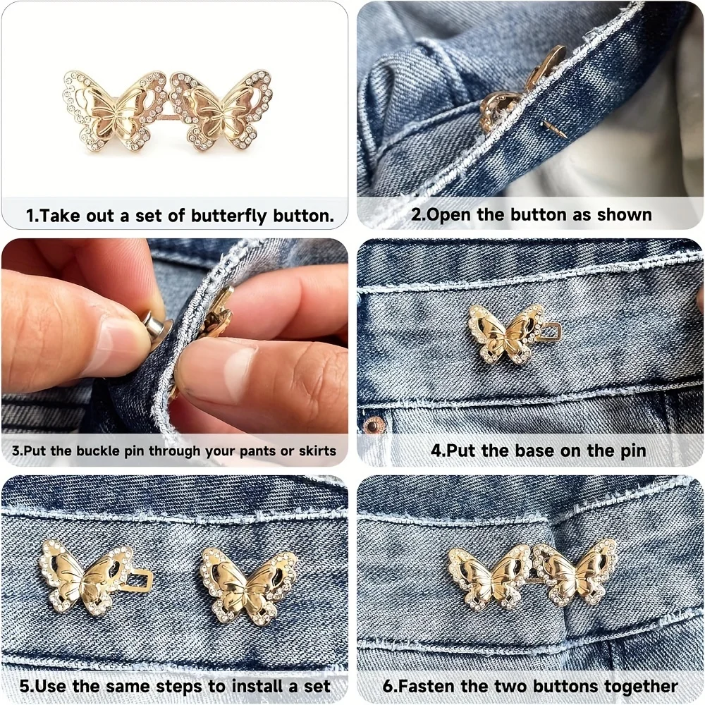 4 pairs of adjustable denim button clips, loose denim metal butterfly waist tightener, no need to sew or shrink pants size