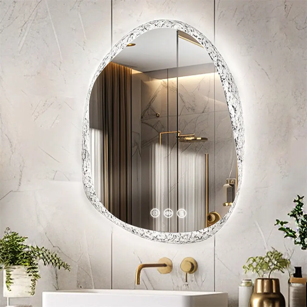 LED Bathroom Mirror Irregular Vanity Mirror With Backlit  Clear-crystal Glass Frame Wall Mounted Mirror 3 Colors Setting Anti-fo