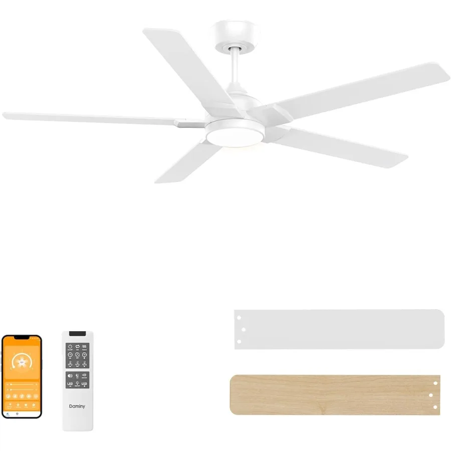 

52-дюймовые белые потолочные вентиляторы с подсветкой и 5 лопастями, 6 цветовых настроек температуры, низкопрофильный дизайн, работа с дистанционным управлением