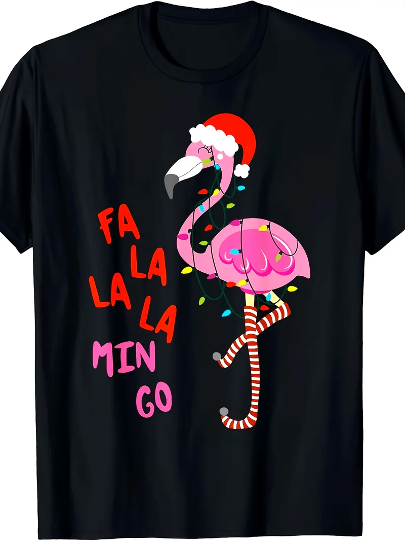 Fa La La Mingo Flamingo Christmas Tropical Xmas Tree Lights T-Shirt Men Women Cotton Round Neck Short Sleeves Leisure Comfort