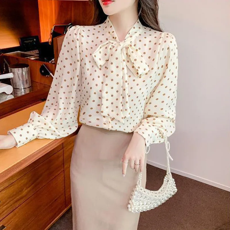 2022 New Autumn Korean Elegant Polka Dot Printed Bow Chiffon Shirt for Women Casual Long Sleeve Loose Office Lady Blouse Top 4XL