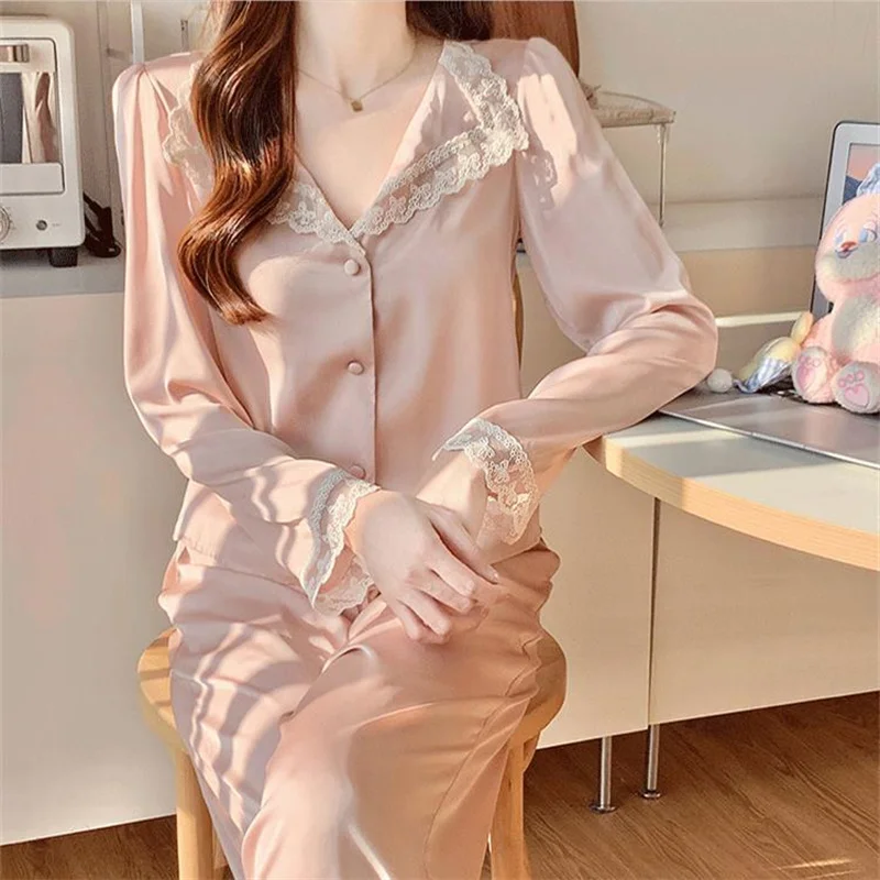 

Two Piece Pajamas Set Women Satin Nightwear Home Clothes Spring Autumn Long Sleeve Shirt&pants Sleepwear Suit