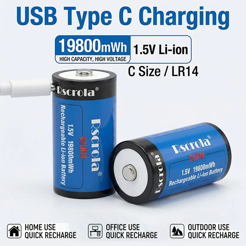

1.5V 19800mWh C Size LR14 Li-po Rechargeable Battery Type-C Fast Charging for Flashlight Gas Cooker Electronic Piano Radios