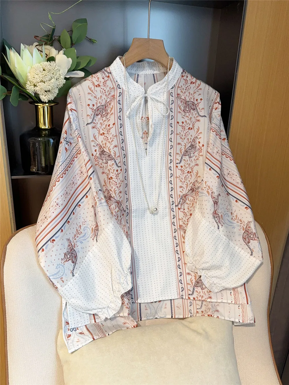 

Women Silk Printed Blouses Loose Casual Puff Sleeve Shirt Top