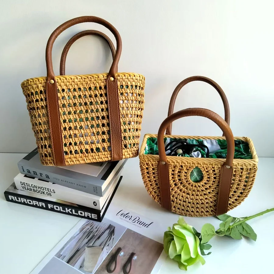 

Casual Wicker Woven Basket Bags Rattan Women Handbags Handmade Summer Beach Straw Totes Bag Hollow Out Bali Design Shoulder Bags