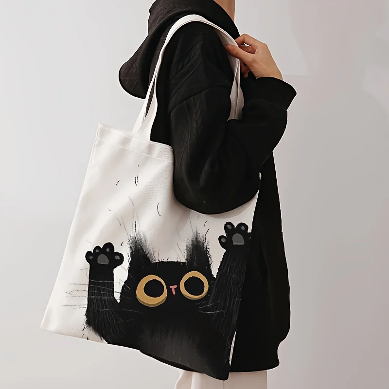 1pc Men\'s Hand-painted Cat Pattern Double-sided Print Casual Tote Bag, Trendy Reusable Backpack, Versatile Shopper Bag