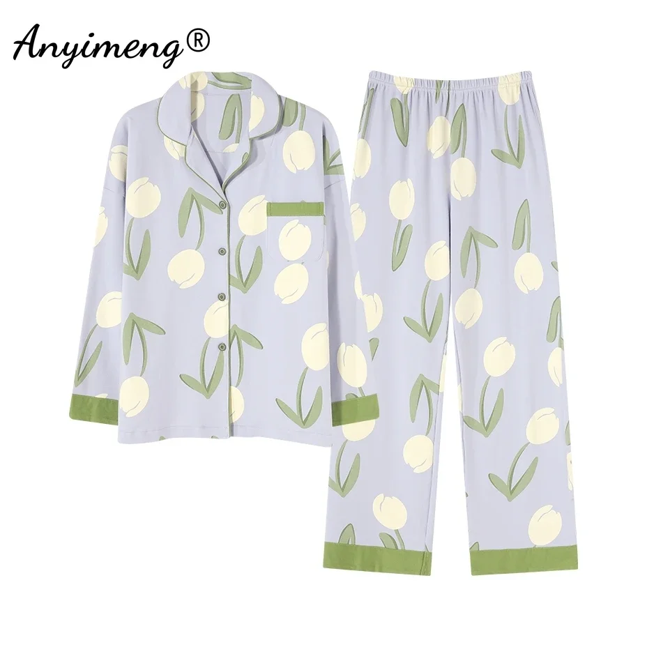 Spring New Chic Tulip Printed Women Pajamas Set Long Sleeves Casual Sleepwear for Girl M-3XL Loungewear Elegant Lady Nightwear