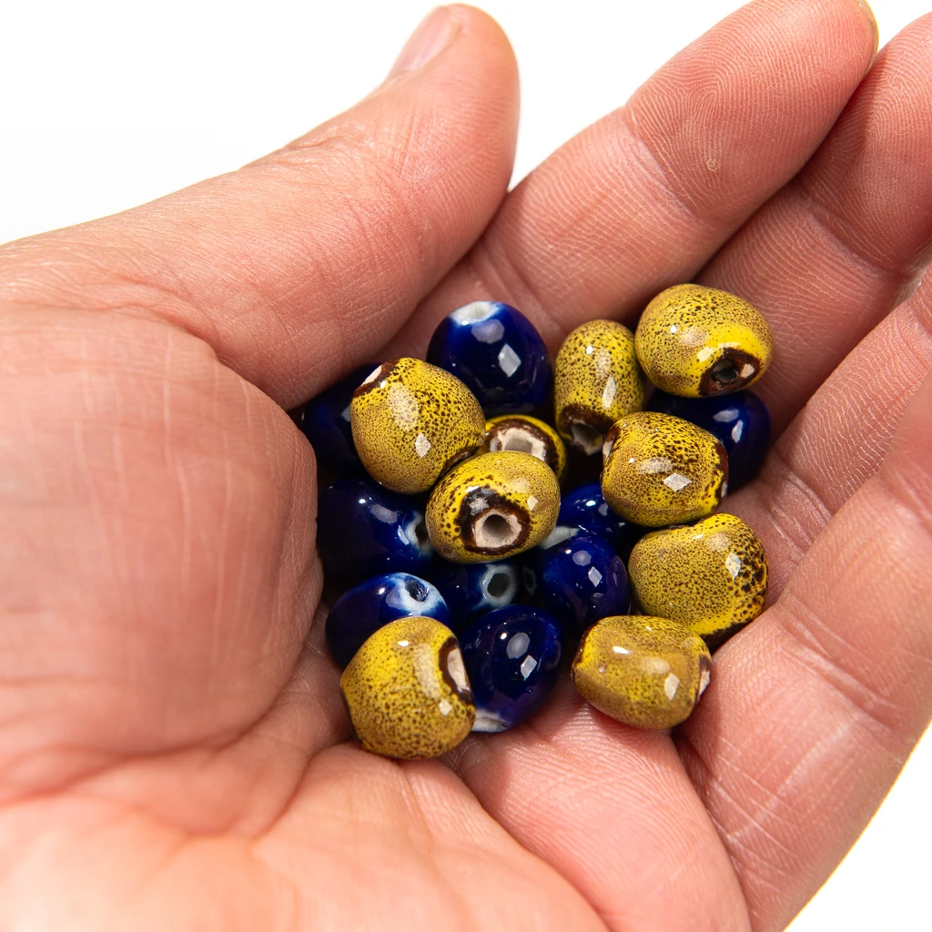 Handcrafted Ceramic Heart Beads Set 10 Pieces 12mm Blue and Gold Porcelain Beads for DIY Jewelry Making