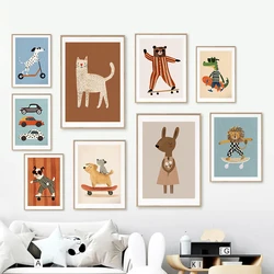 Funny Animals Rabbit Dog Bear Cat Skateboard Posters Prints Wall Art Canvas Neutral Nursery Pictures for Baby Kids Room Decor