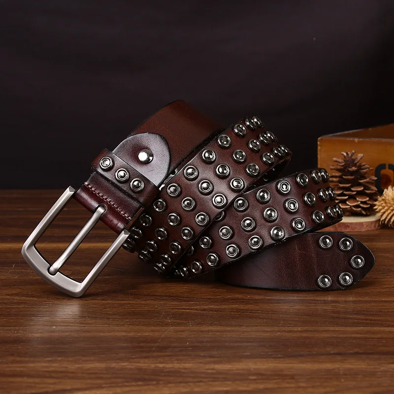 

Men's vegetable tanned handmade first layer cowhide leather belt fashionable personality punk rivet motorcycle overalls belt