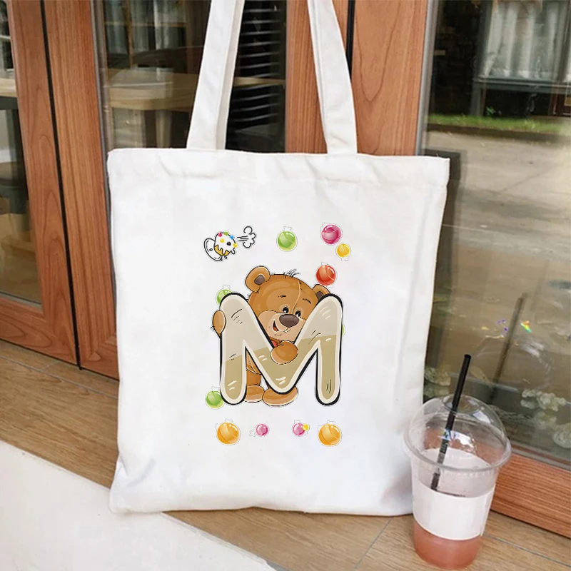 26 Alphabet A-Z Bear Print Canvas Women Shoulder Bags Letter Series Tote Bag Girls Shopping Bag White Female Shopping Bags