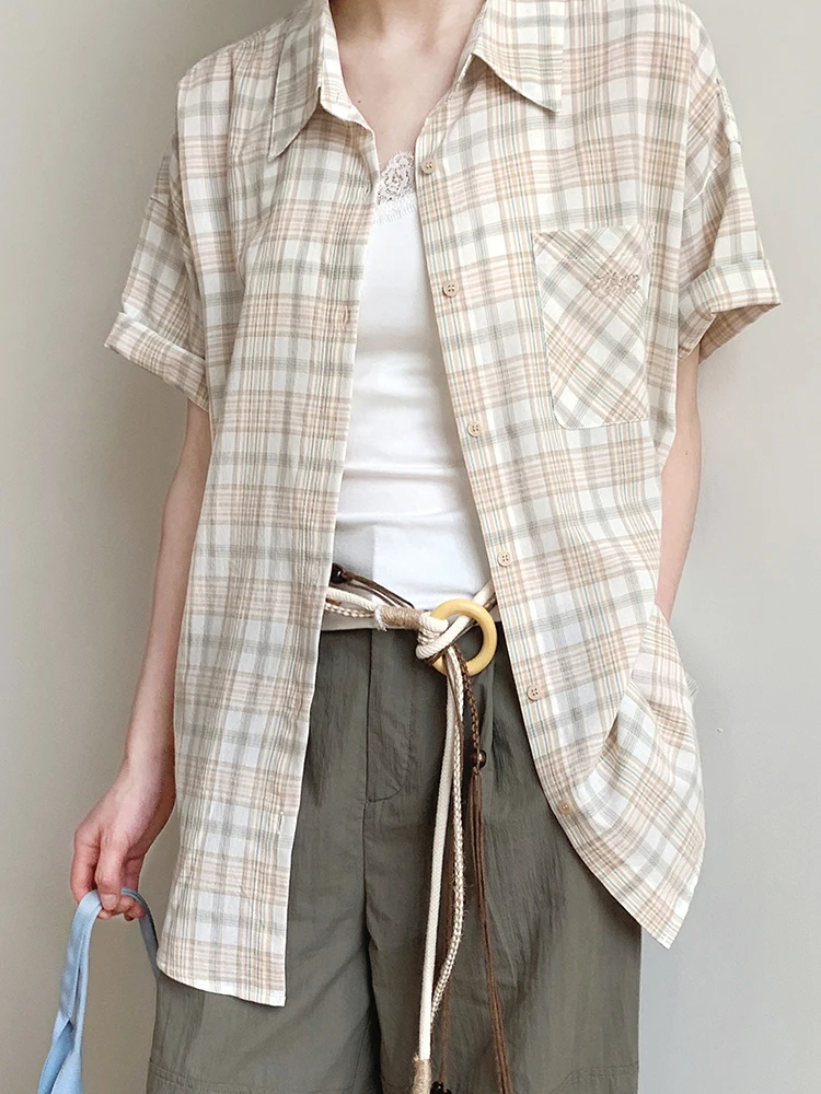 

Boran Casual Loose Plaid Shirt Summer New Lazy Style Short Sleeve Women's Top E7088 OL Style Button Collar Mid-Length Thin Co...