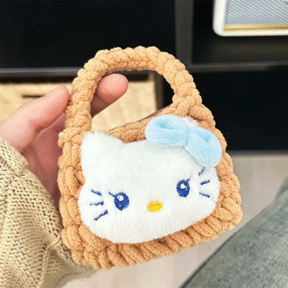 Kawaii Tan Hello Kitty Protective Cover Bag with Doll for Airpods Sanrio Anime Plush Cute Soft Fashion Woven Mini Wallet Bag