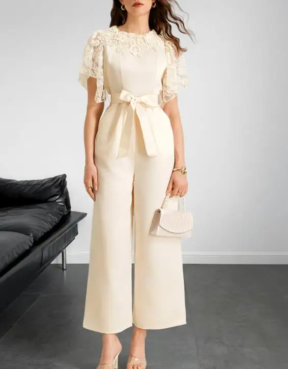 

Summer New Lace Splicing High Texture Satin Strap Waist Jumpsuit Women's Temperament Fashion and Elegant Bat Sleeve Jumpsuit