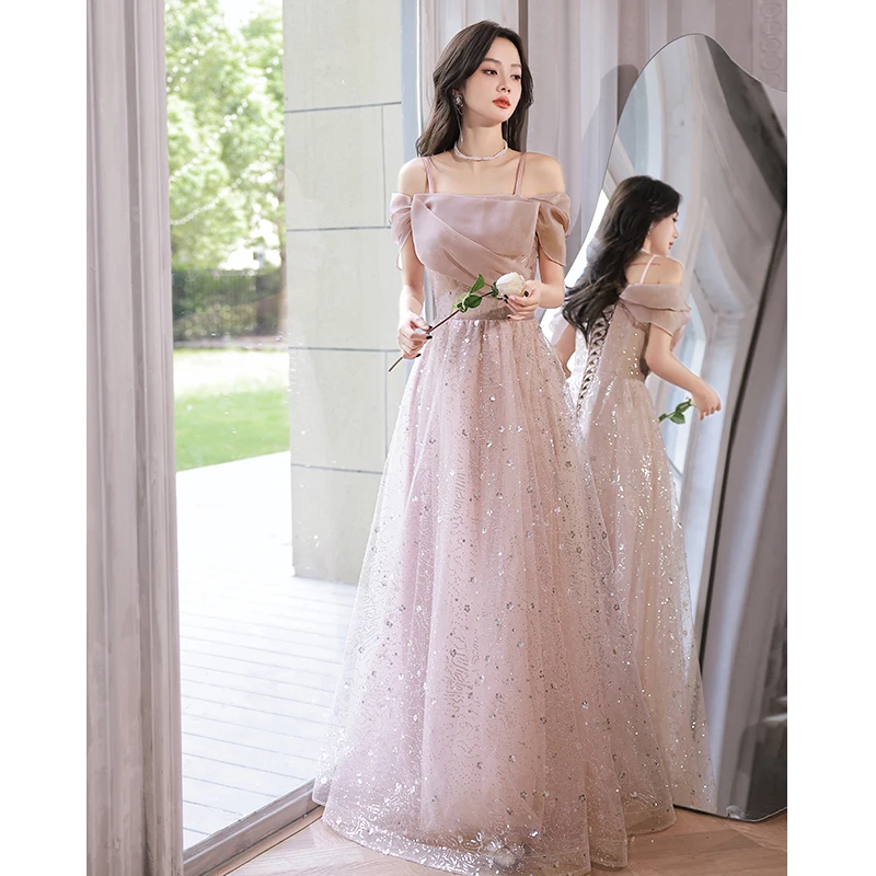 

Pink Evening Gown Women's Dr Elegance Luxury Fairy Lady High-End Sensation Host Dr Korean Sle ort Sve Long Dr