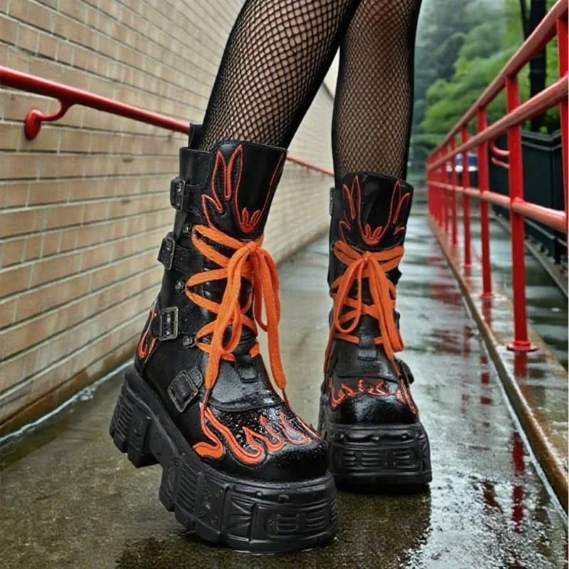 

Punk Platform Mid-Calf Boots For Women Flames Embroider Biker Boots Buckles Dark Rock Punk Zipper Cosplay Platform Gothic Boots