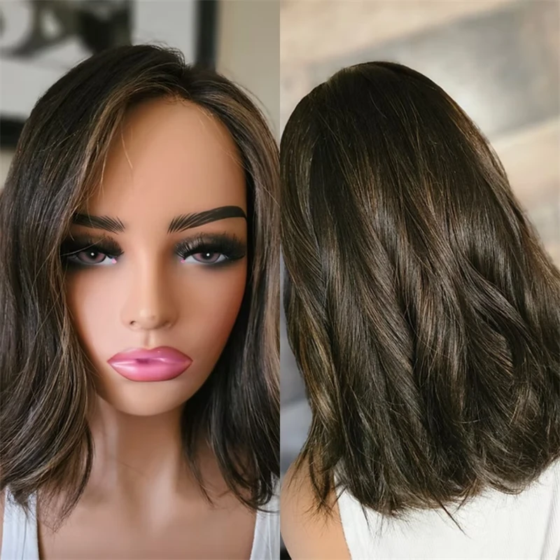 

Short Wave Bob Ombre Chestnut Brown Synthetic Lace Front Wig HD Lace Wig for White Black Women Preplucked Hairline 150% Density