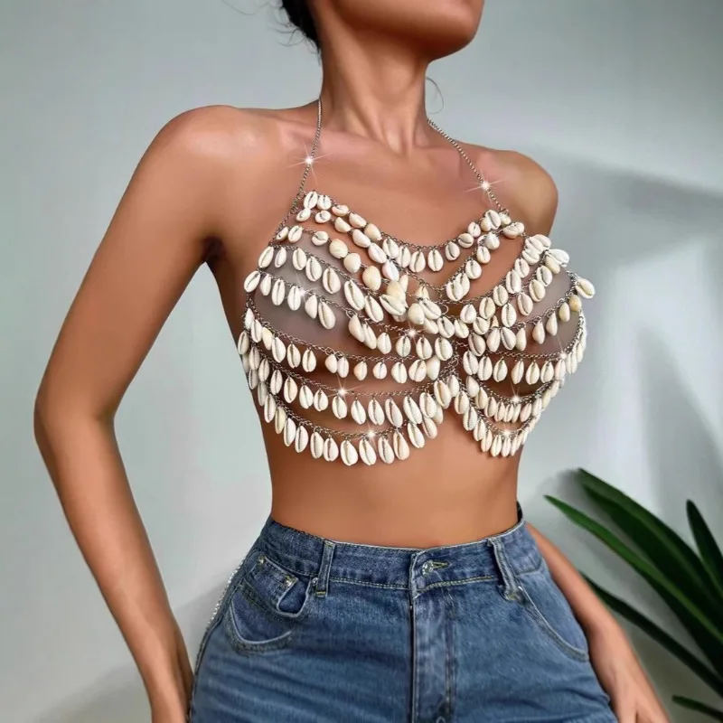 Customized Belly Dancing Handmade Shell Beach Chest Chain Body Chain Corset Festival Outfit Handmade Chain Vest