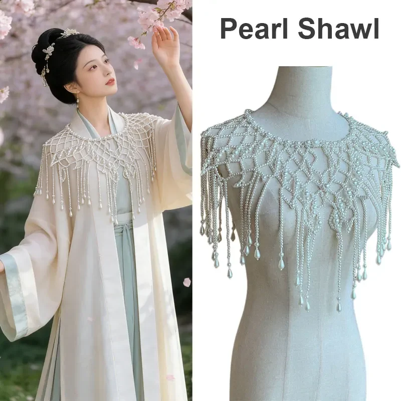 

Wedding Pearl Shawl with Hollow Tassel Shoulder Chain Middle East Clothing Handmade Weaving Bridal Accessories Women Pearl Chain