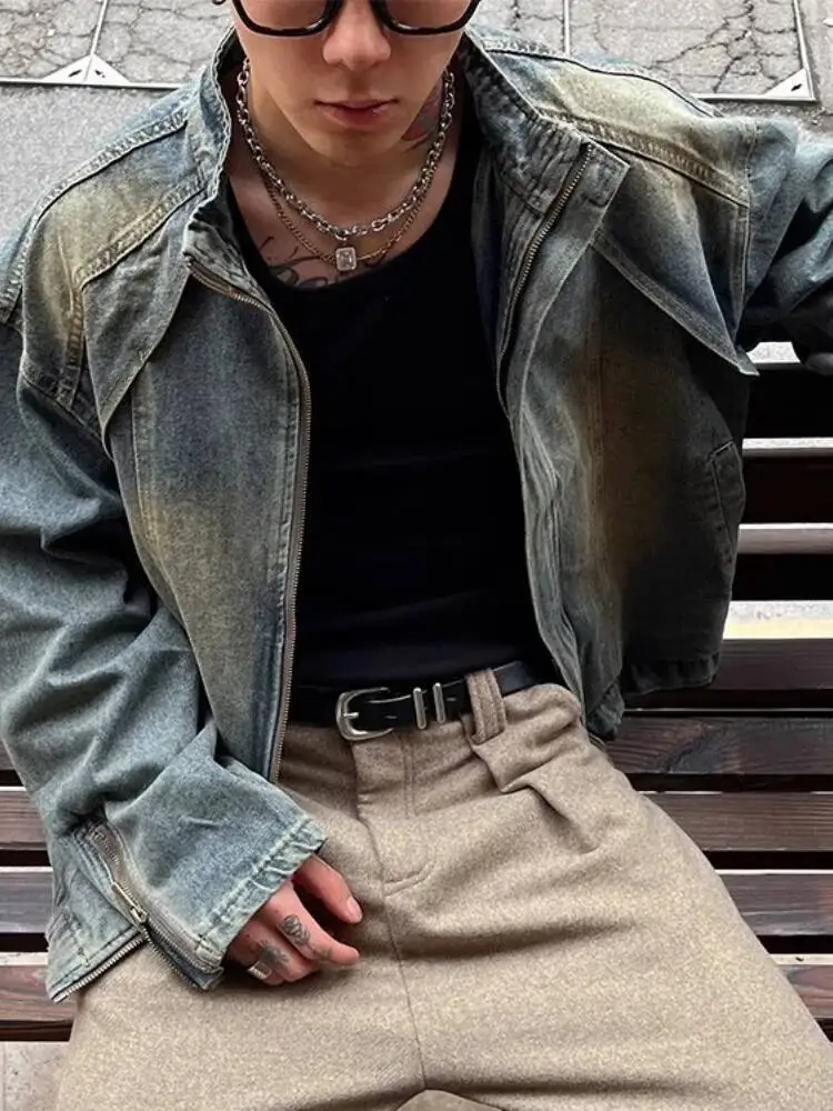

Men's Denim Jacket 2026 Spring Deconstructed Denim Jacket Retro Trendy Bad Boy Vibe Stand Collar Zippered Casual Coat