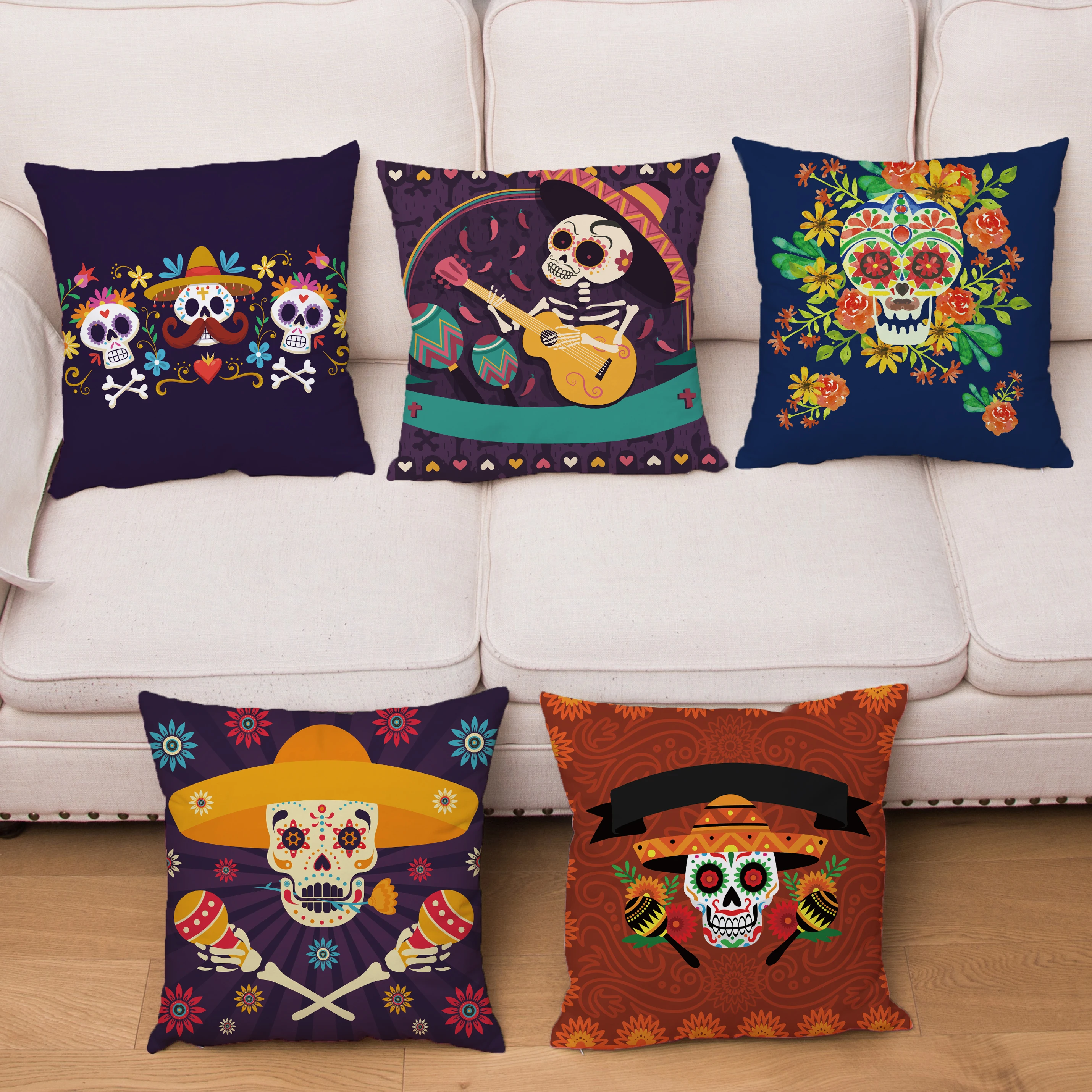 

Mexican Day of The Dead Pillowcase Bedroom Living Room Sofa Home Decoration Cartoon Flower Skull Print Cushion Cover