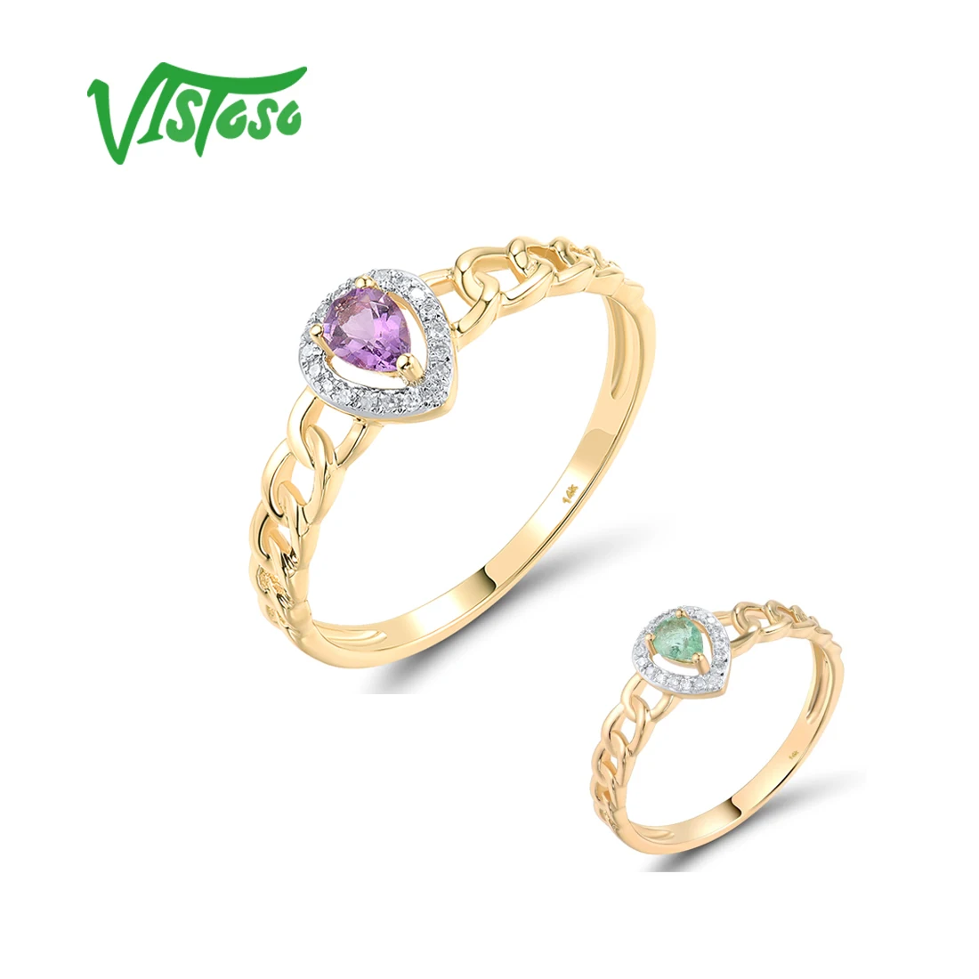 

VISTOSO Pure 14K 585 Yellow Gold Solitaire Ring For Women Sparkling Diamonds Emerald Amethyst Wedding Engagement Fine Jewelry