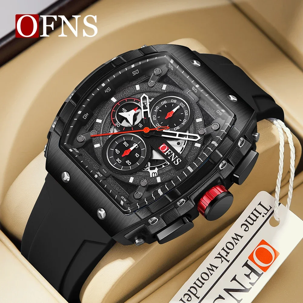 OFNS Brand Top 5512 Wine Bucket Men's Watch Curved Mirror Gradient Hollow Men's Watch Three Eyes Six Needle Watch 2024