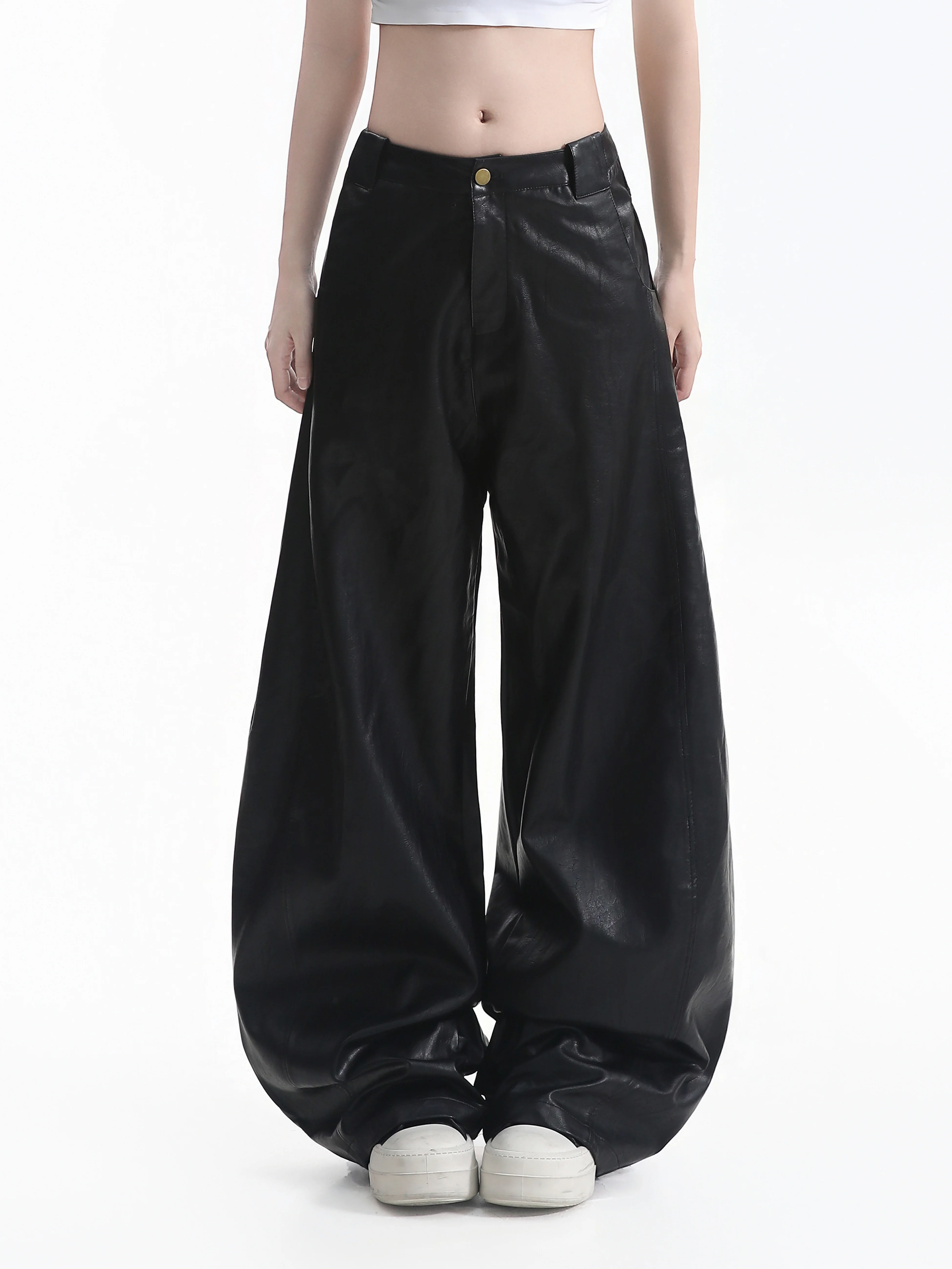 Metal Button Wide Leg Leather Pants Women's Retro Loose Drapey Biker Style Casual Trousers Comfortable Straight Cut Pants
