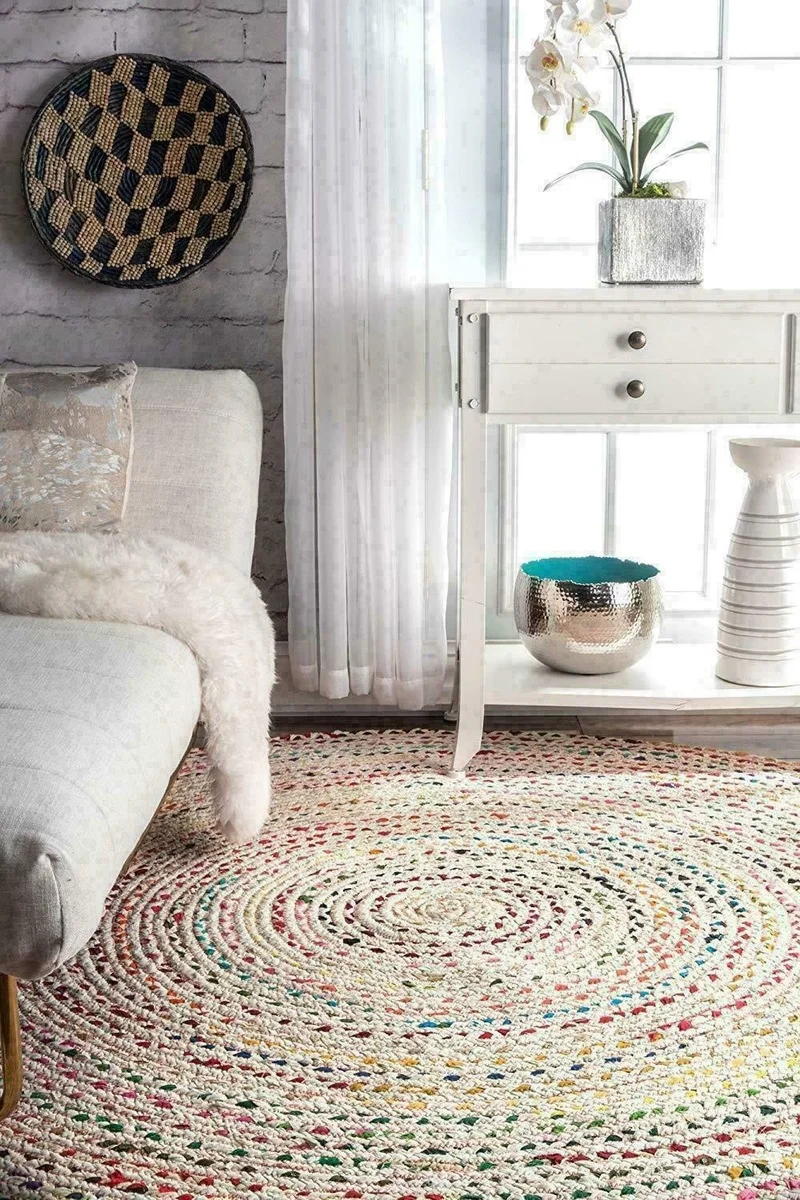 Rug Cotton Handmade Braided Style Round Rug Reversible Braided Modern Floor Mat Rugs for Bedroom