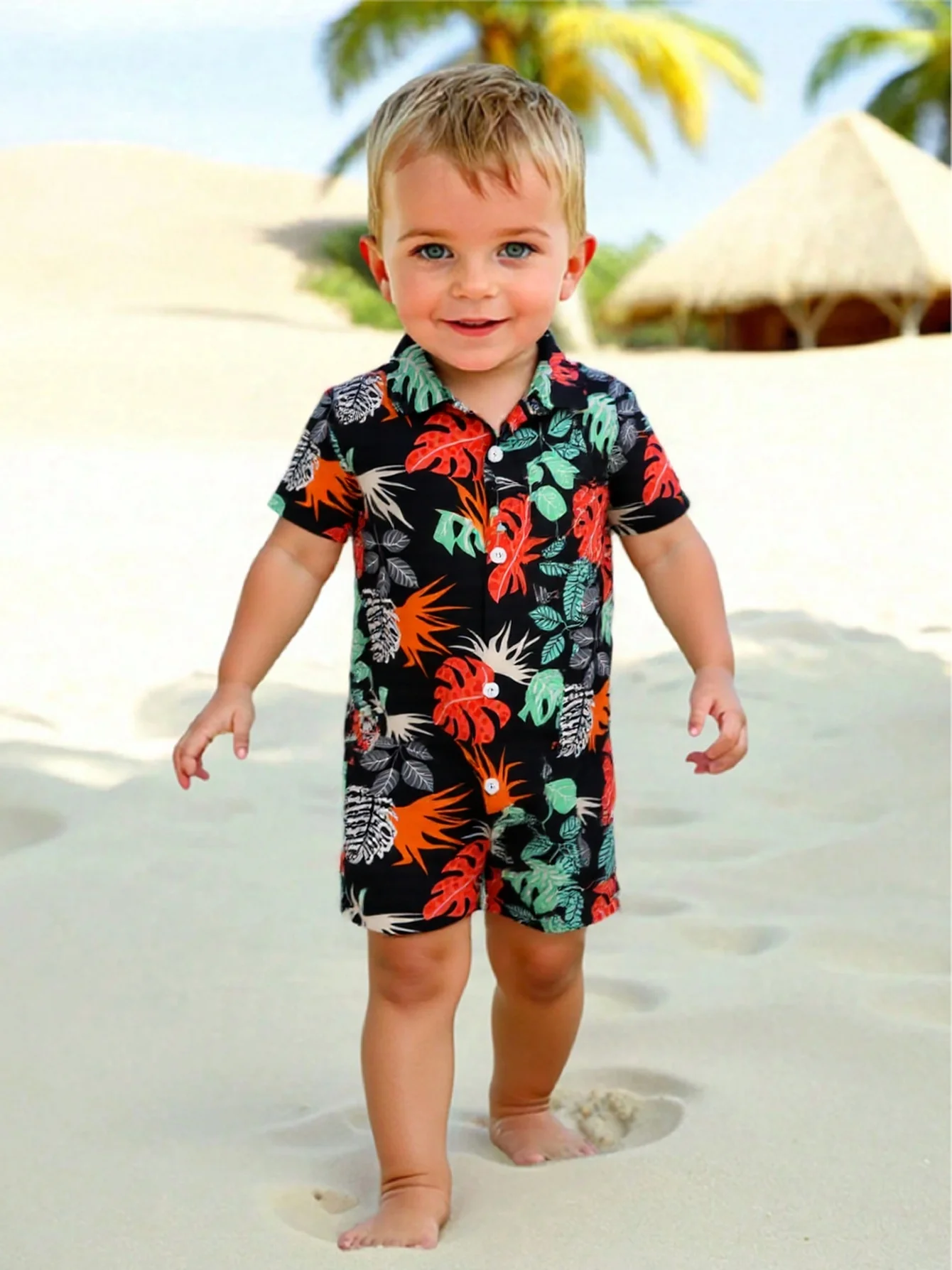 

Baby boy Hawaiian vacation style leaf print lapel short sleeved jumpsuit