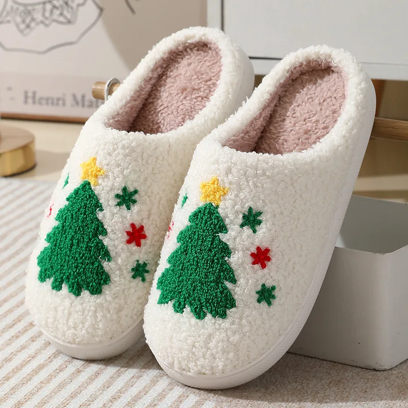 Eyriphy-Pantoufles Chaudes Bouclées en Coton et Peluche pour Femme, Chaussures Plates et Douces de Noël pour Chambre à Coucher