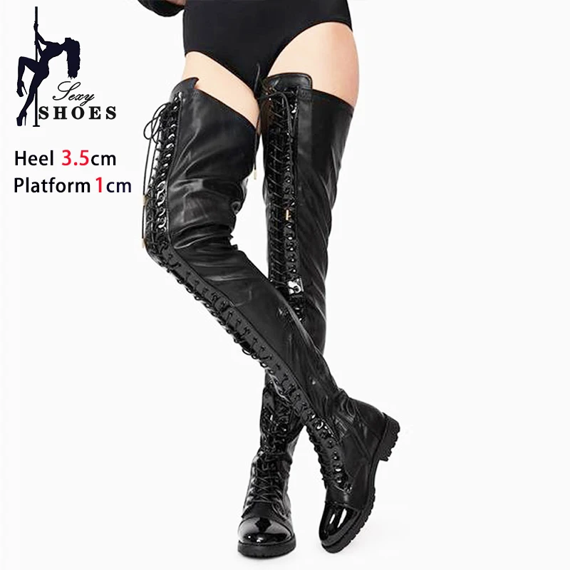 Low Heel Winter Boots Women 3.5CM Chunk Heels Nightclub Queen Lace-up Zipper Shoes Black Thigh High Boots Large Size 43 44 45