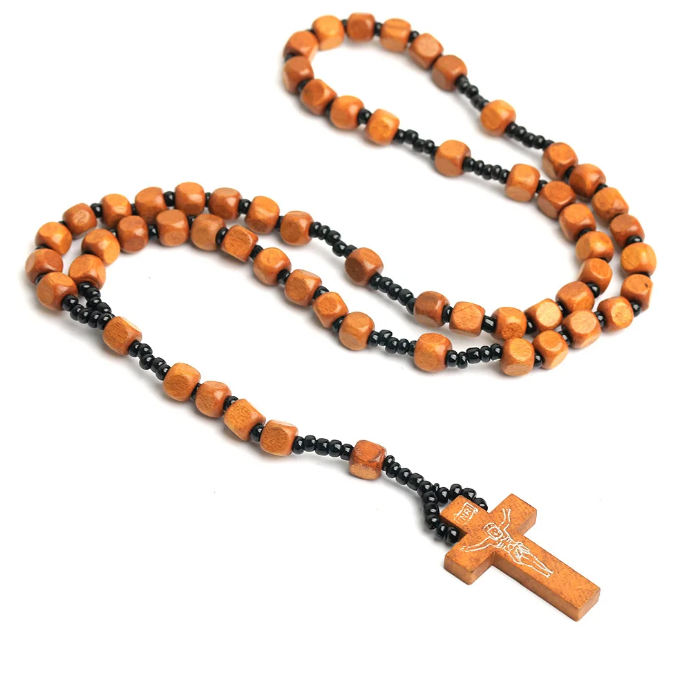 Handgefertigte, quadratische Rosenkranzkette aus Holz für Damen und Herren, katholisches Kruzifix-Kreuz-Anhänger, 8-mm-Kugelkette, Gebets- und Modeschmuck für Partys. – Detail 6