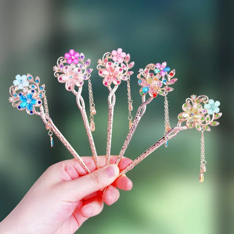 Fashion Metal Chinese Style Hair Stick Flower Rhinestone Hair Chopsticks Hairpin Cat Eye Stone Clip Women Hair Accessories