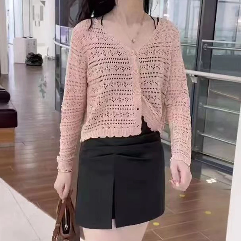 Women Sunscreen Clothing 2024 Summer Simple Casual Sexy Hollow Out Thin Knitted Jacket Female V Neck Long Sleeve Solid Slim Tops