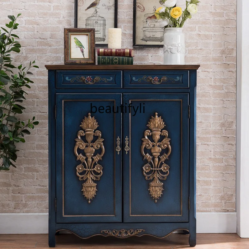 

American shoe cabinet two buckets two doors retro old blue solid wood storage carving