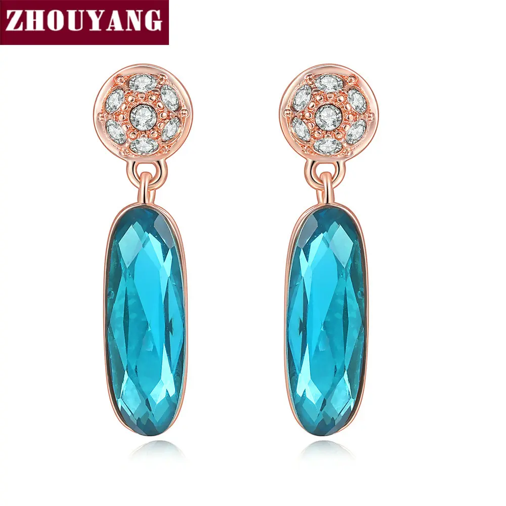 Retro Drop Earrings For Women Classic Design Long Oval Blue Crystal Rose Gold Color Birthday Gift Wholesale Fashion Jewelry E748 image 5