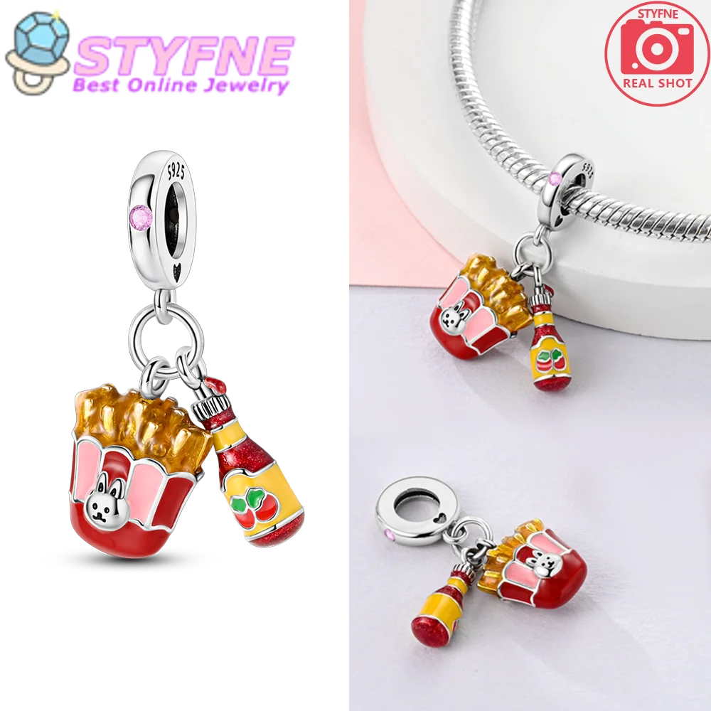 Authentic 925 Sterling Silver Tomato Sauce Red Packaging Rabbit Fries Charm Fit DIY Bracelet Necklace Children's Birthday Gift