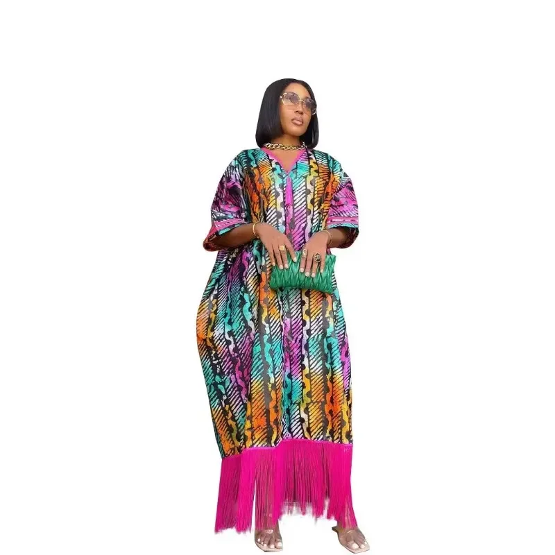 African Dresses for Women Tassels African Fashion Boubou Dashiki Ankara Outfits Evening Gown Abayas Printing  Kaftan Robe