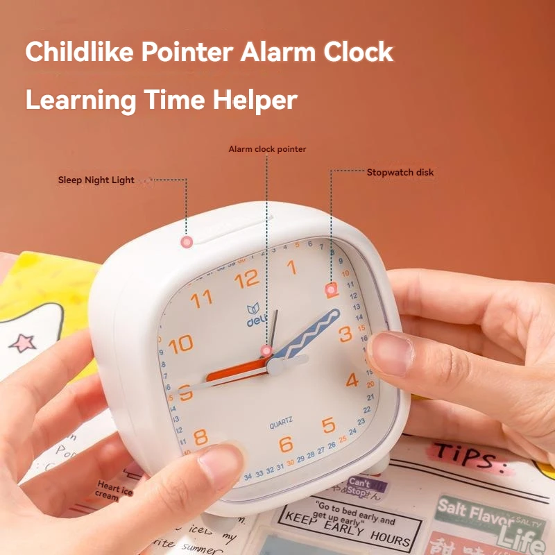 Alarm Clock for Students and Children - Creative Design with Night Light, Back Cover Storage, and Silent Pointer for Bedside Use