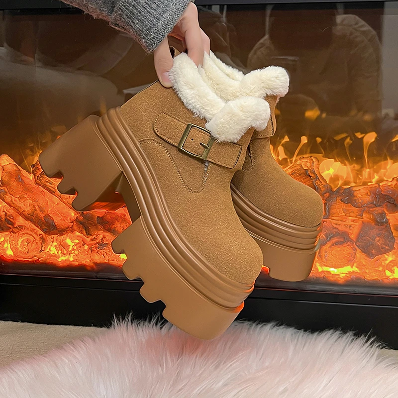 

Snow Boots Women's Winter New Retro Thick Soled Height Increasing Cotton Boots Fashionable Round Toe Flanged Cotton Boots