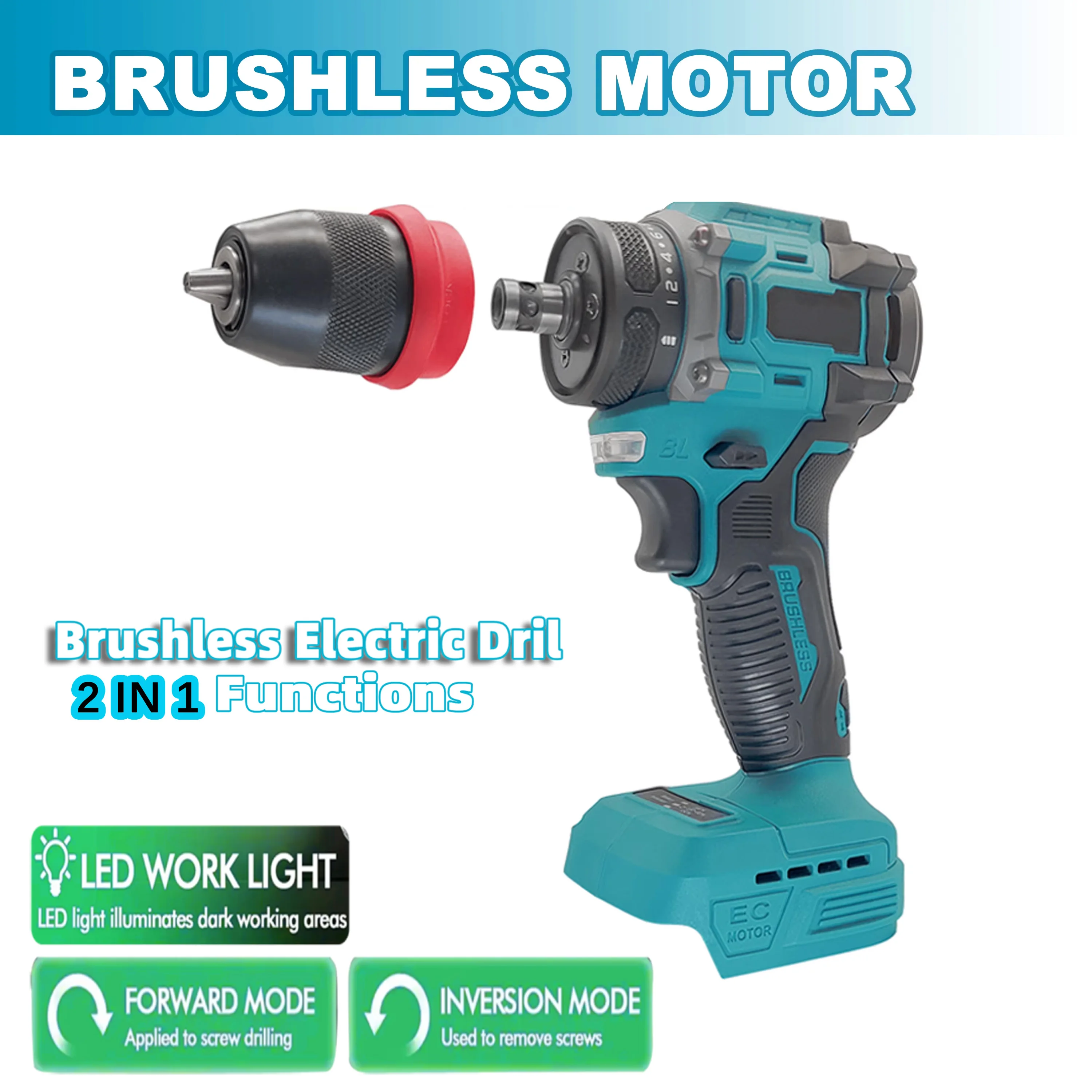 

2 in 1 Brushless Electric Screwdriver Hammer Cordless Drill Impact Wrench Power Tool for Makita 18V Battery Home Garage