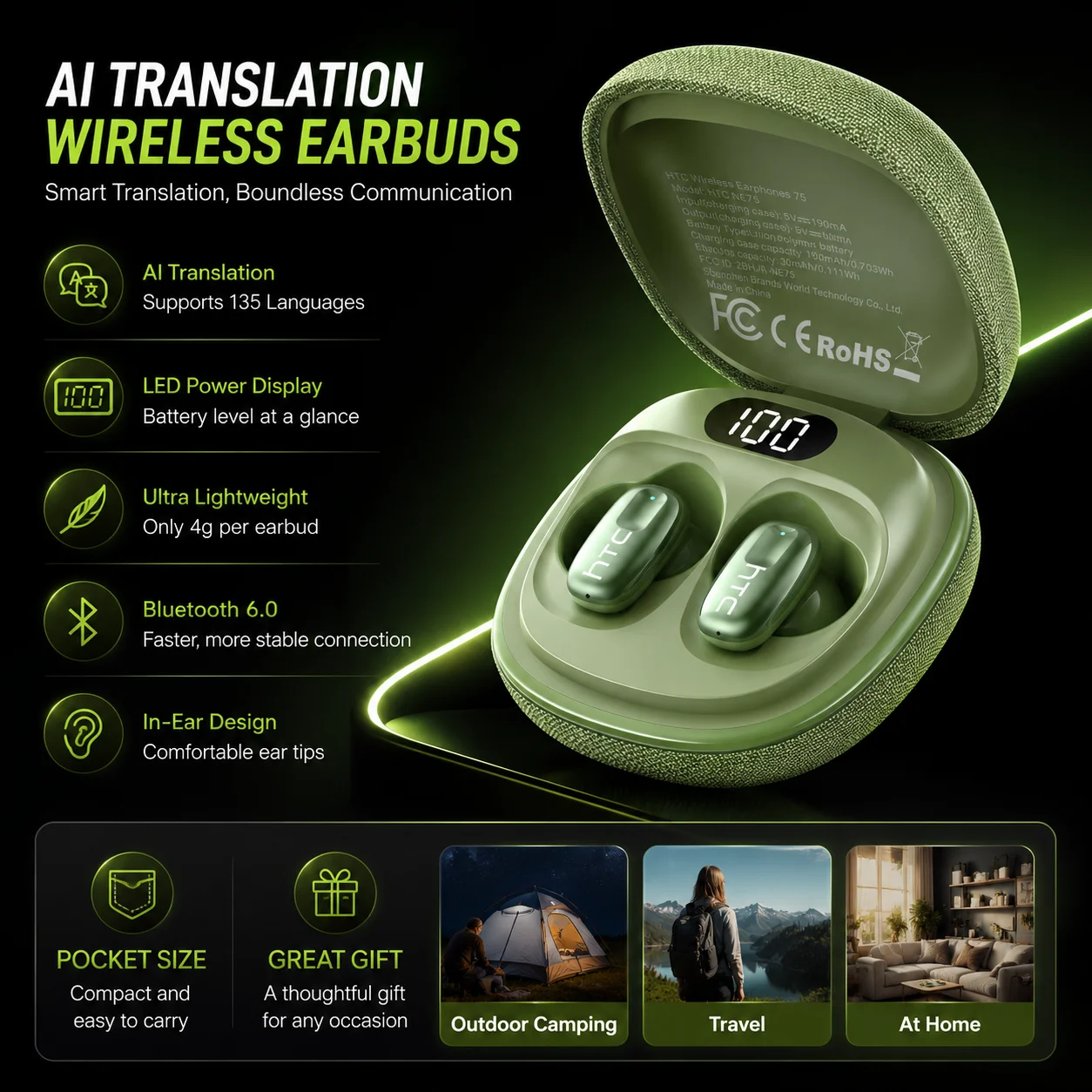 Écouteurs Bluetooth HTC NE75, traducteur IA 135 langues, faible latence, affichage de la batterie, longue autonomie, écouteurs sans fil souples
