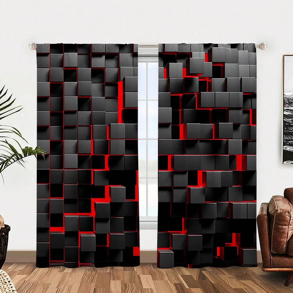 2 Pieces, Black 3d Geometric Print Curtains, 100% Polyester, Suitable For Kitchen, Living Room, And Bedroom Decoration.